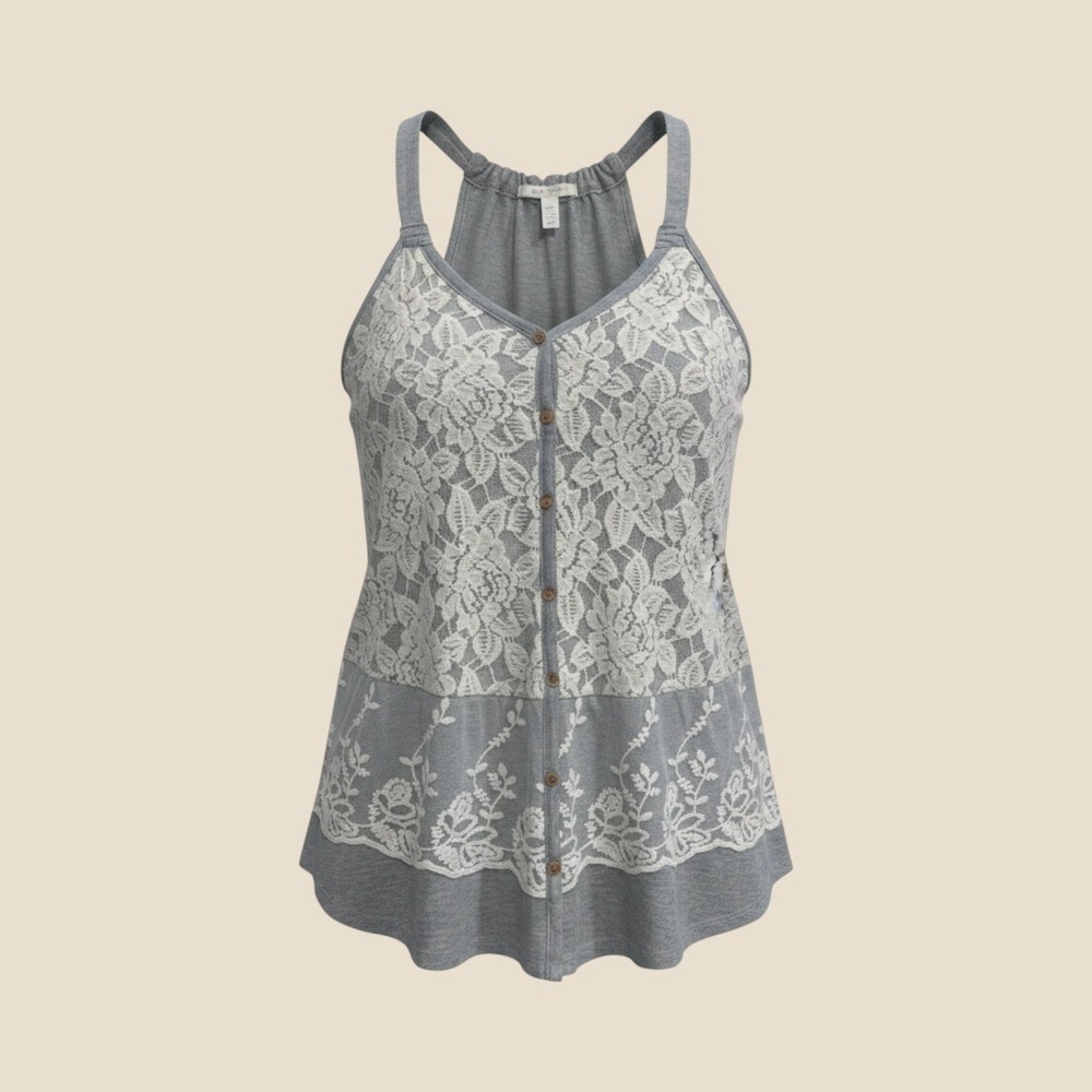 Rewind Lace Trim Halter Tank Top Womens XL Gray Flowy Boho Cottagecore